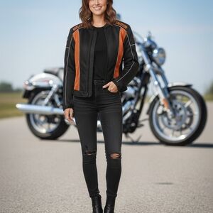 Harley-Davidson Women's Leather Jacket in Black and Orange